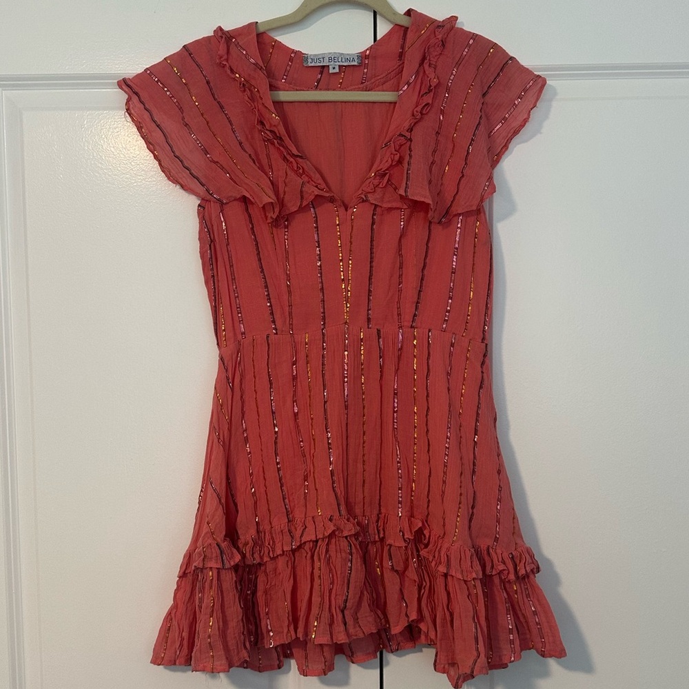 Just Bellina Coral Mini Dress With Gold Accents